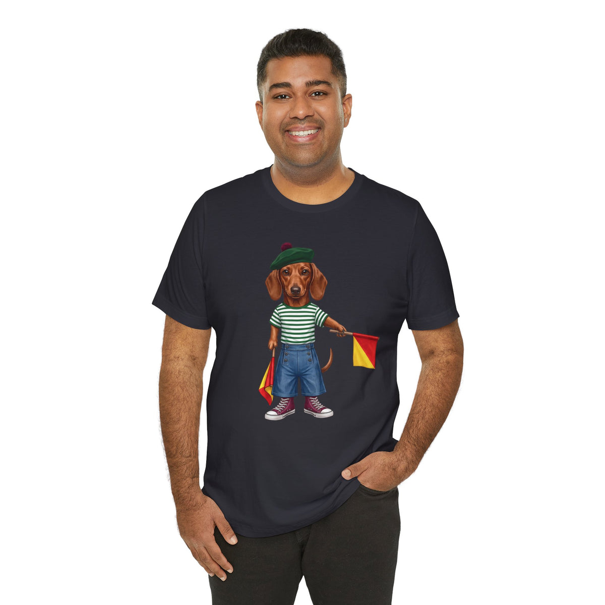 Semaphore Dachshund Graphic Unisex T-Shirt – Letter B | Maritime Signal Dog Tee