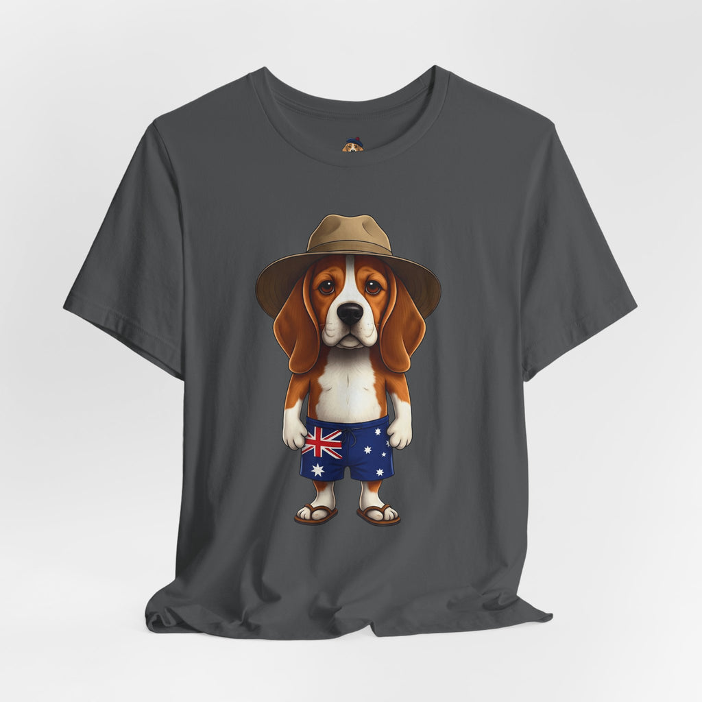 Beagle Aussie Summer Tee - Cute Dog in Akubra Hat & Australian Flag Shorts