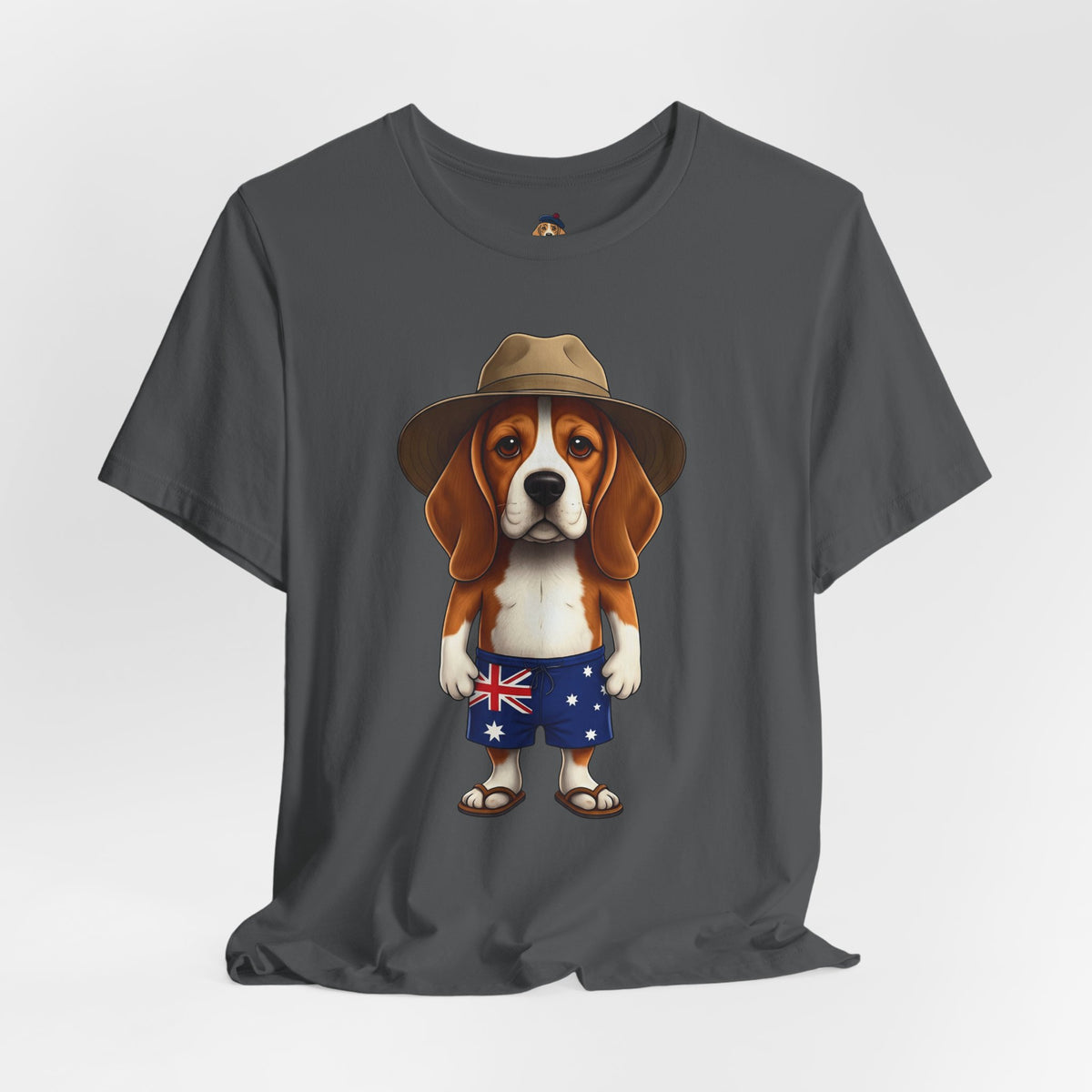 Beagle Aussie Summer Tee - Cute Dog in Akubra Hat & Australian Flag Shorts