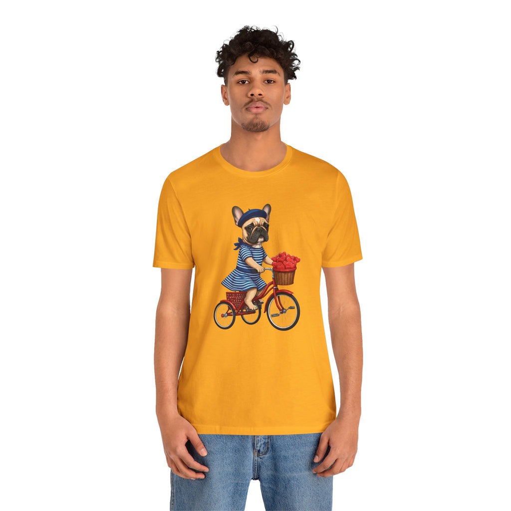 Frenchie à Vélo T-Shirt — French Bulldog on Bicycle with Heart Roses Tee