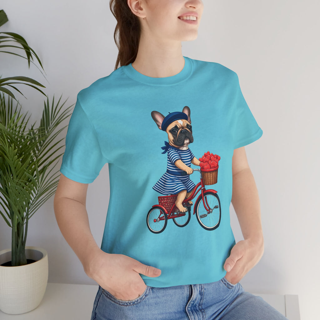 Frenchie à Vélo T-Shirt — French Bulldog on Bicycle with Heart Roses Tee
