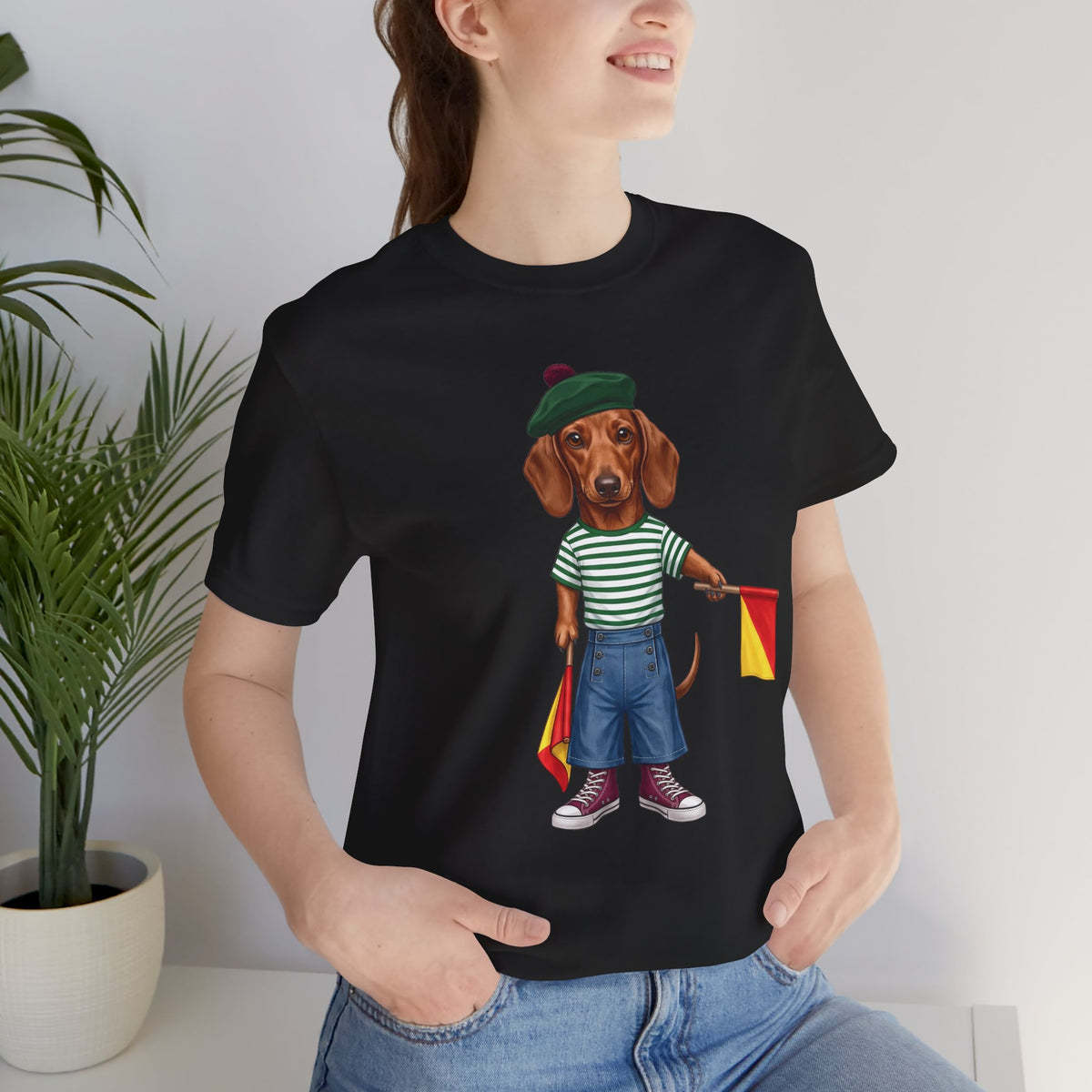 Semaphore Dachshund Graphic Unisex T-Shirt – Letter B | Maritime Signal Dog Tee