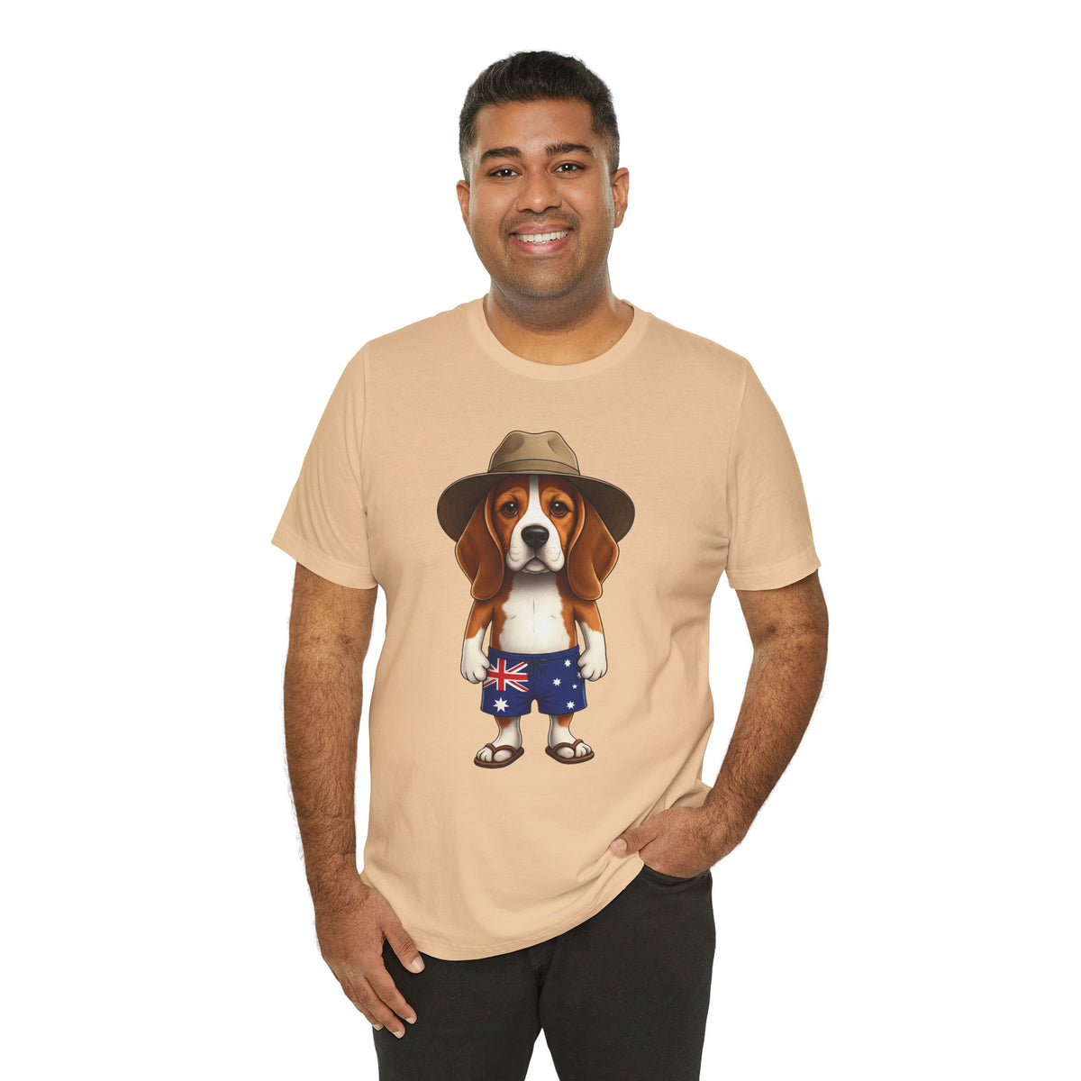Beagle Aussie Summer Tee - Cute Dog in Akubra Hat & Australian Flag Shorts