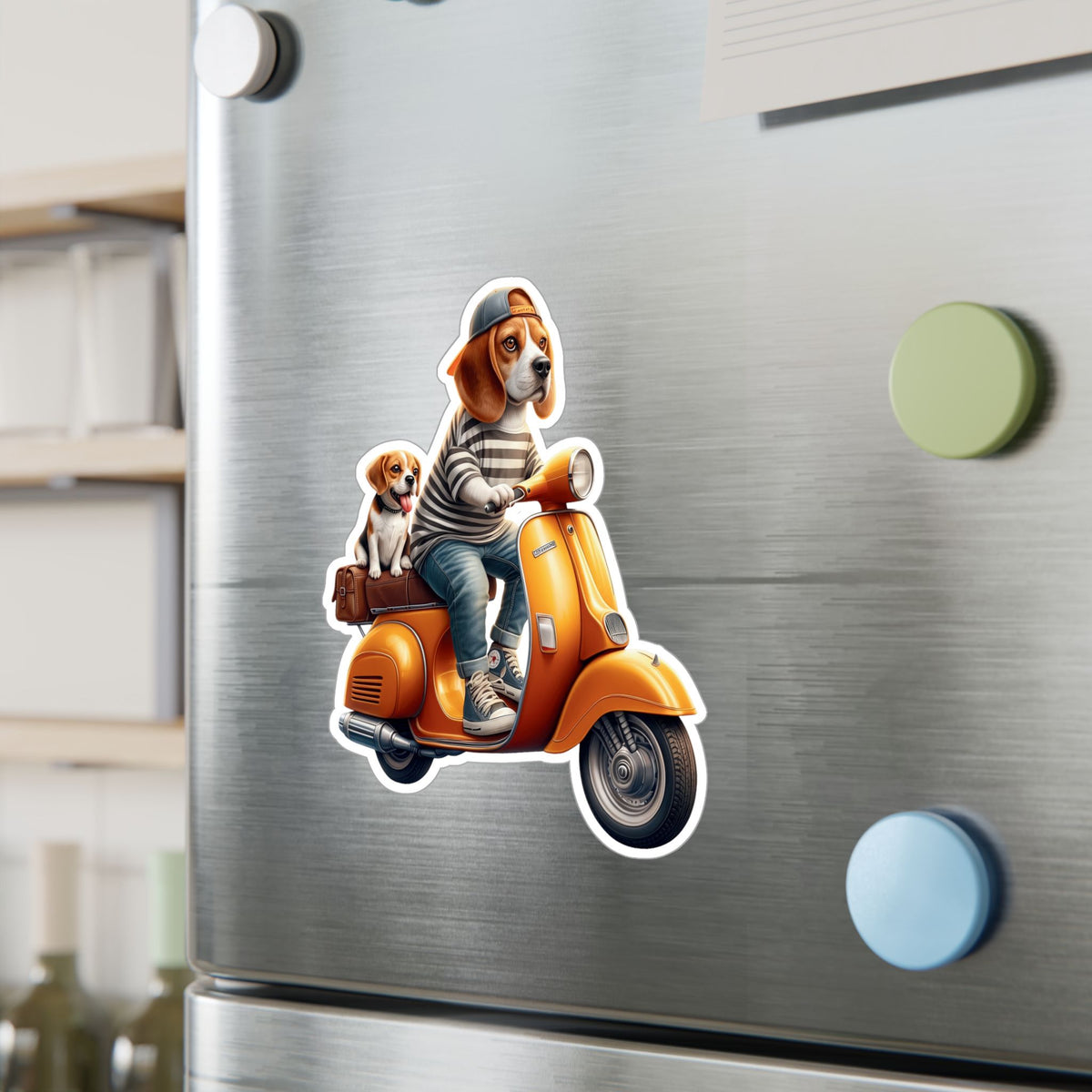 Beagle on Orange Vespa Kiss-Cut Vinyl Decal — Cute ‘La Dolce Vita’ Scooter Sticker