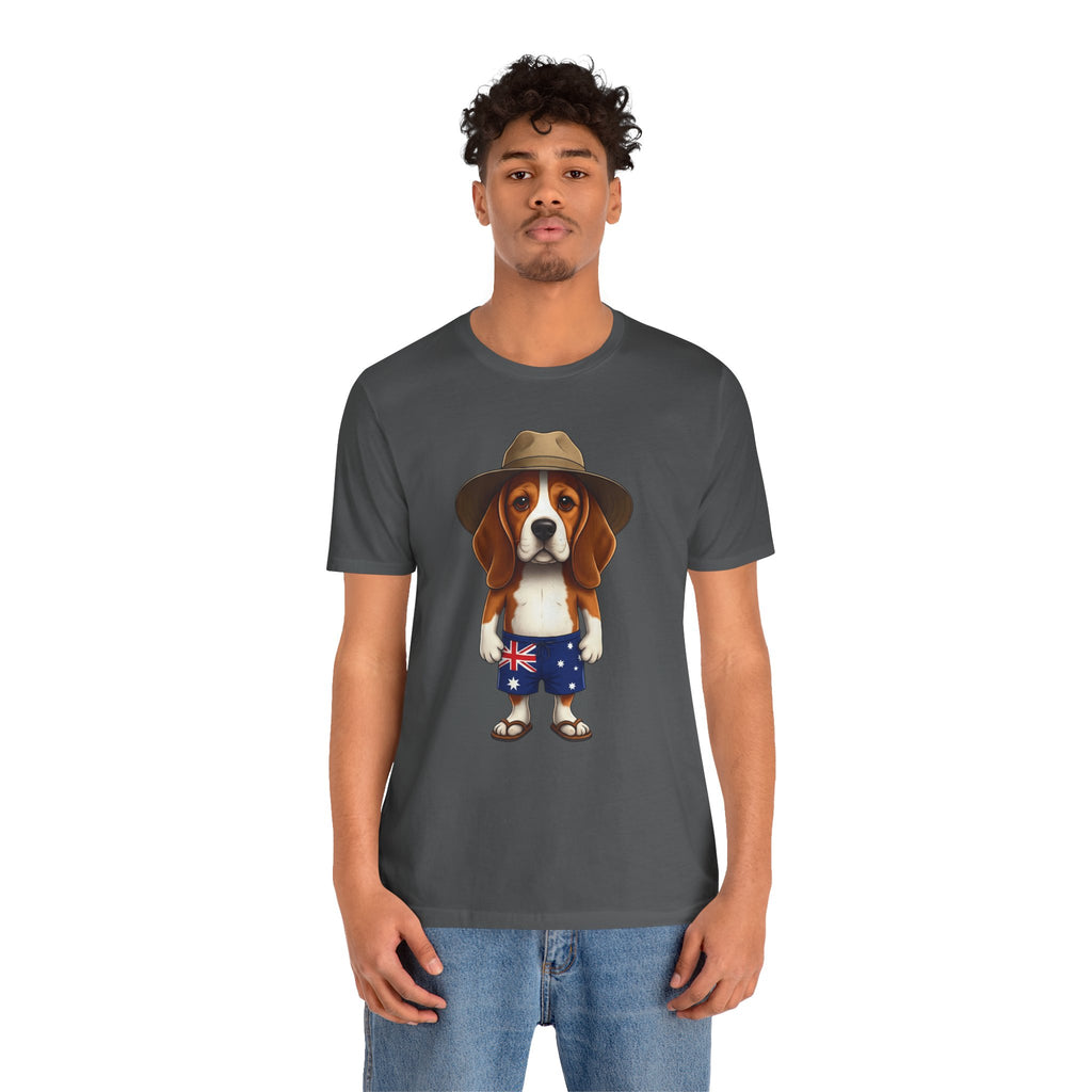 Beagle Aussie Summer Tee - Cute Dog in Akubra Hat & Australian Flag Shorts