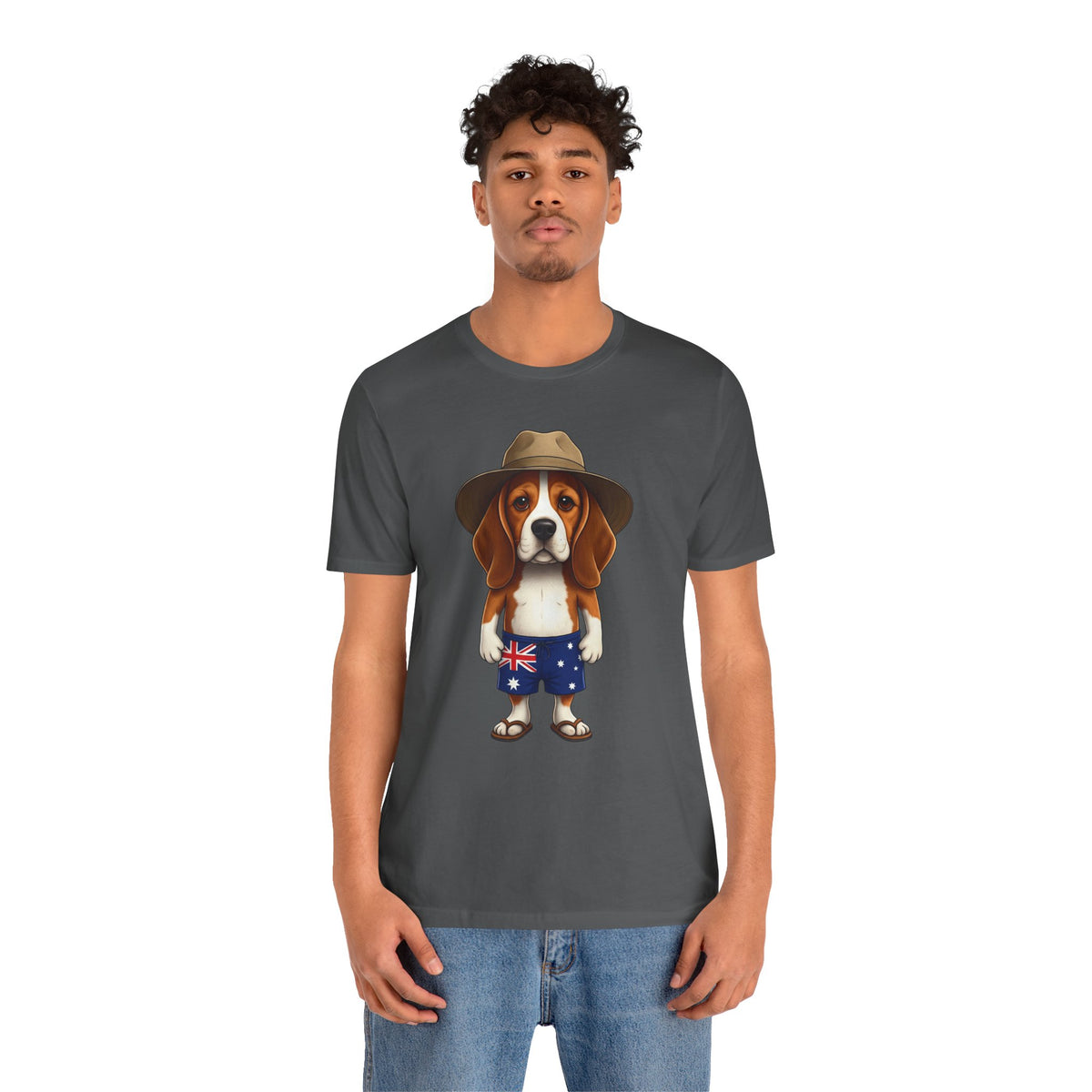 Beagle Aussie Summer Tee - Cute Dog in Akubra Hat & Australian Flag Shorts