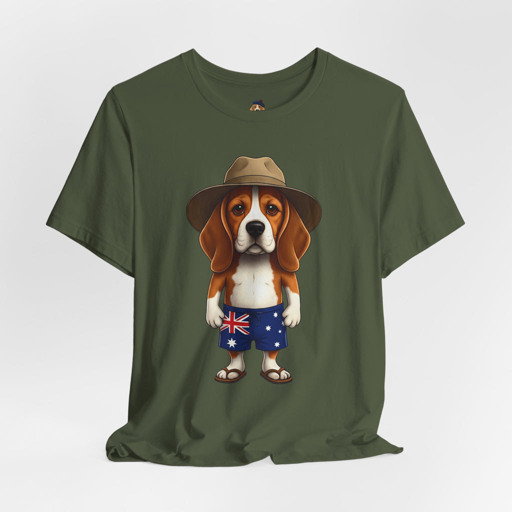 Beagle Aussie Summer Tee - Cute Dog in Akubra Hat & Australian Flag Shorts
