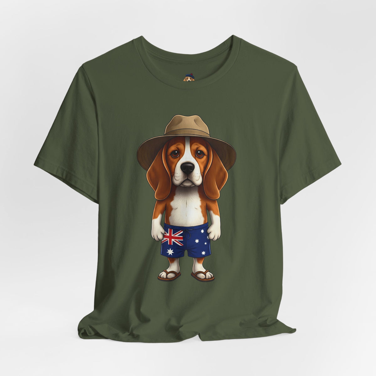 Beagle Aussie Summer Tee - Cute Dog in Akubra Hat & Australian Flag Shorts