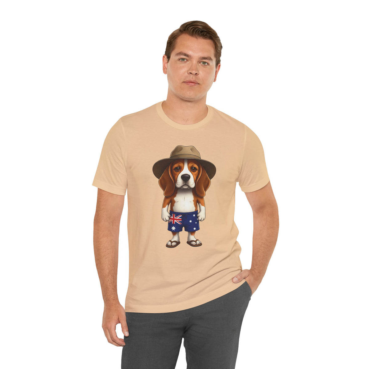 Beagle Aussie Summer Tee - Cute Dog in Akubra Hat & Australian Flag Shorts