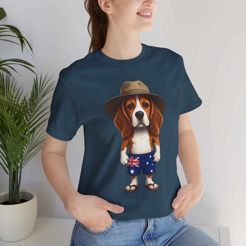 Beagle Aussie Summer Tee - Cute Dog in Akubra Hat & Australian Flag Shorts