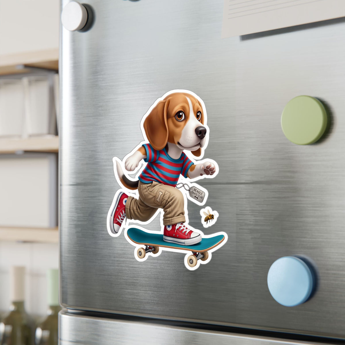 Skateboarding Beagle Sticker — Cute Vinyl Kiss-Cut Decal for Laptops, Water Bottles & Windows