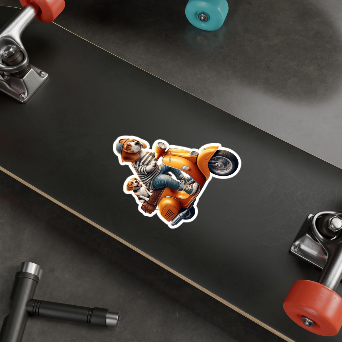 Beagle on Orange Vespa Kiss-Cut Vinyl Decal — Cute ‘La Dolce Vita’ Scooter Sticker