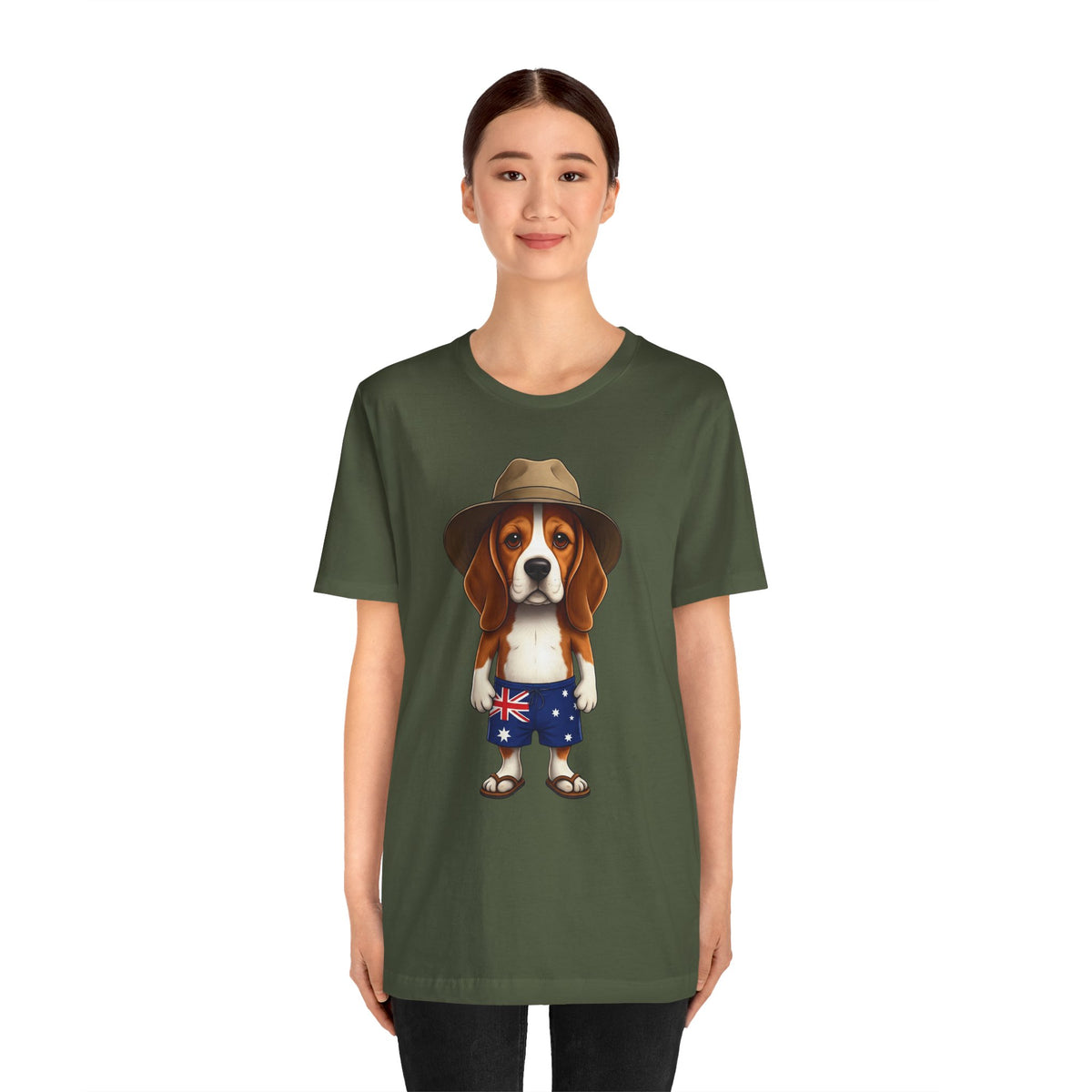 Beagle Aussie Summer Tee - Cute Dog in Akubra Hat & Australian Flag Shorts