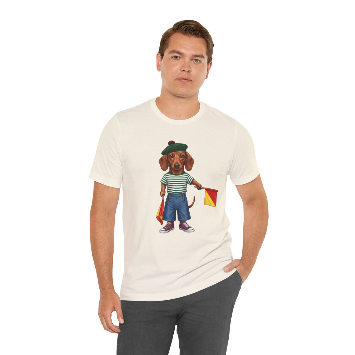 Semaphore Dachshund Graphic Unisex T-Shirt – Letter B | Maritime Signal Dog Tee