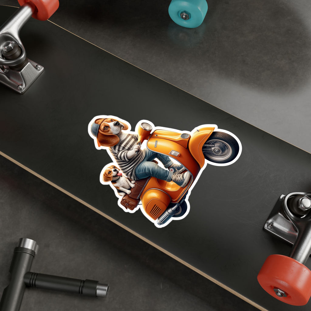 Beagle on Orange Vespa Kiss-Cut Vinyl Decal — Cute ‘La Dolce Vita’ Scooter Sticker