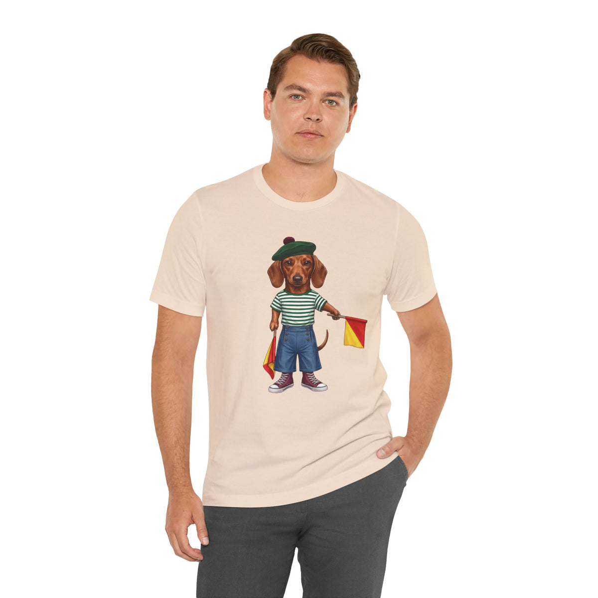 Semaphore Dachshund Graphic Unisex T-Shirt – Letter B | Maritime Signal Dog Tee
