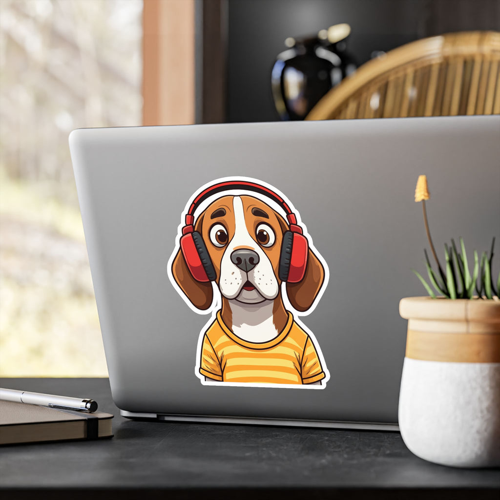 Beagle with Headphones Vinyl Sticker — Cute Startled Dog Decal for Laptops & Water Bottles