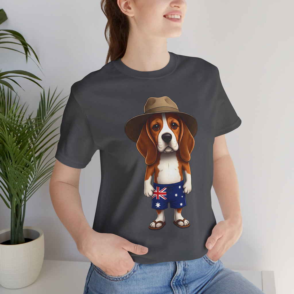 Beagle Aussie Summer Tee - Cute Dog in Akubra Hat & Australian Flag Shorts