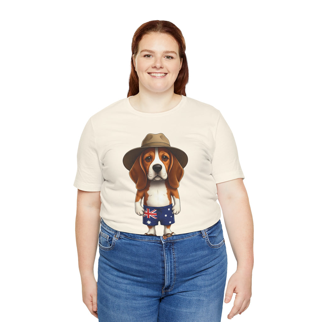 Beagle Aussie Summer Tee - Cute Dog in Akubra Hat & Australian Flag Shorts