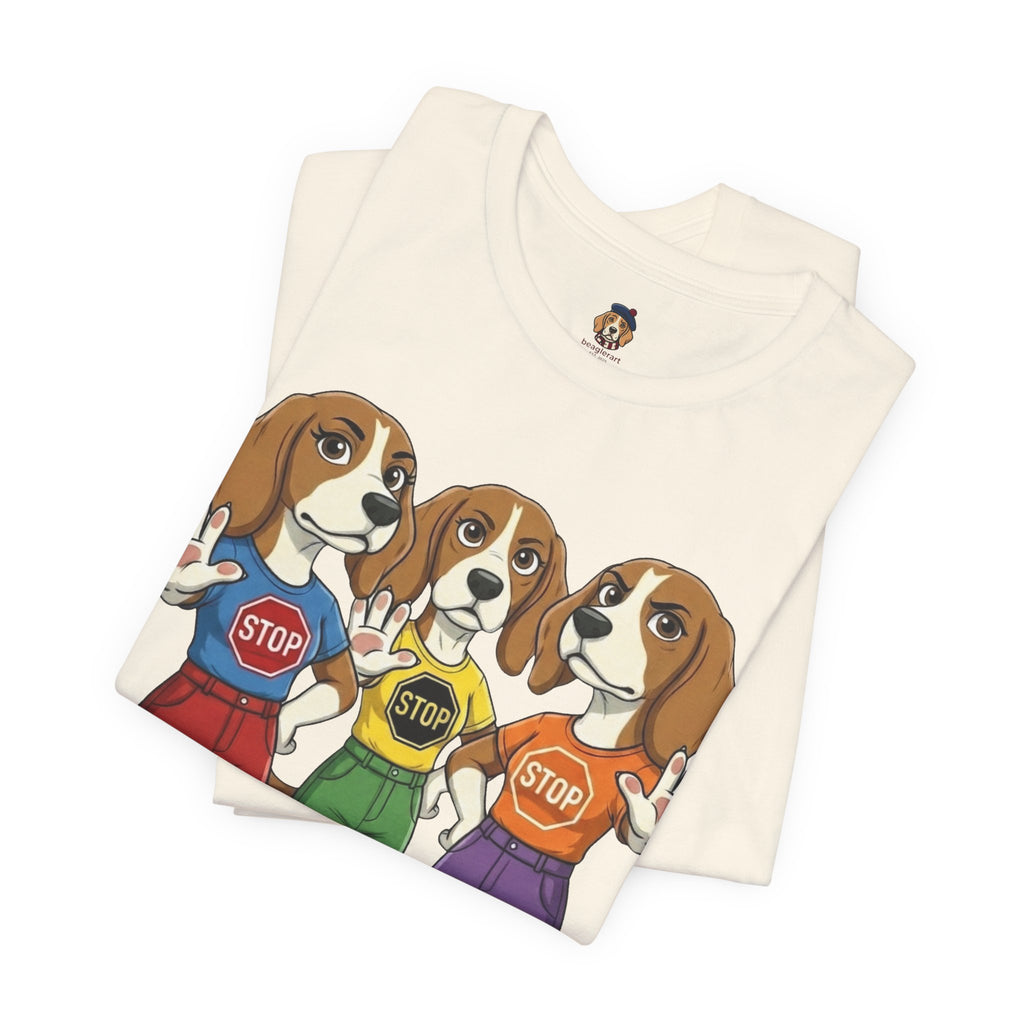 Beagle Stop Sign Trio T-Shirt — Say No to Gender Violence