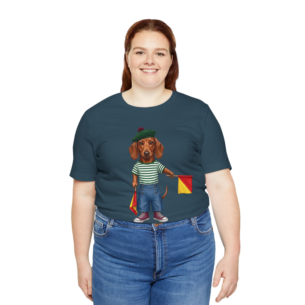 Semaphore Dachshund Graphic Unisex T-Shirt – Letter B | Maritime Signal Dog Tee