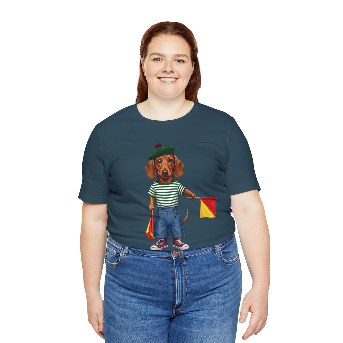 Semaphore Dachshund Graphic Unisex T-Shirt – Letter B | Maritime Signal Dog Tee