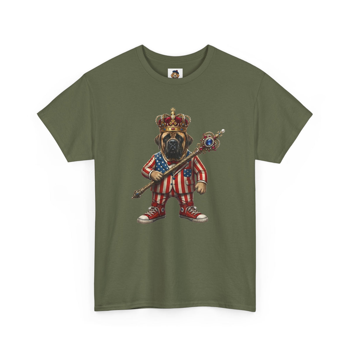 No Kings tee — Stars & Stripes American Mastiff in Crown (Democracy Reminder)