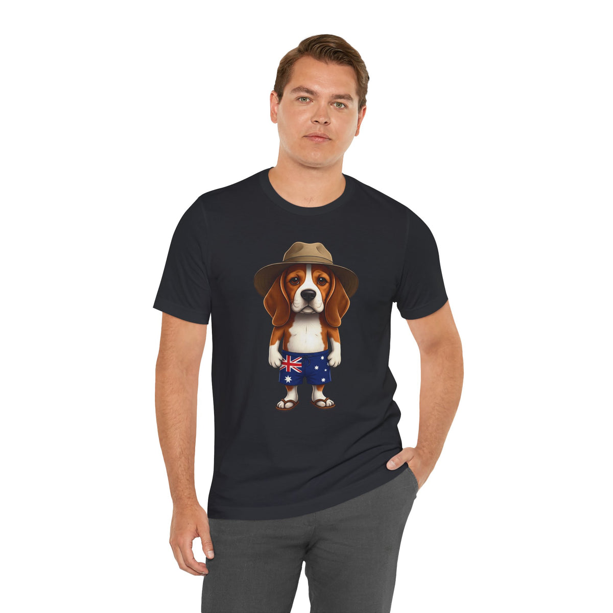 Beagle Aussie Summer Tee - Cute Dog in Akubra Hat & Australian Flag Shorts