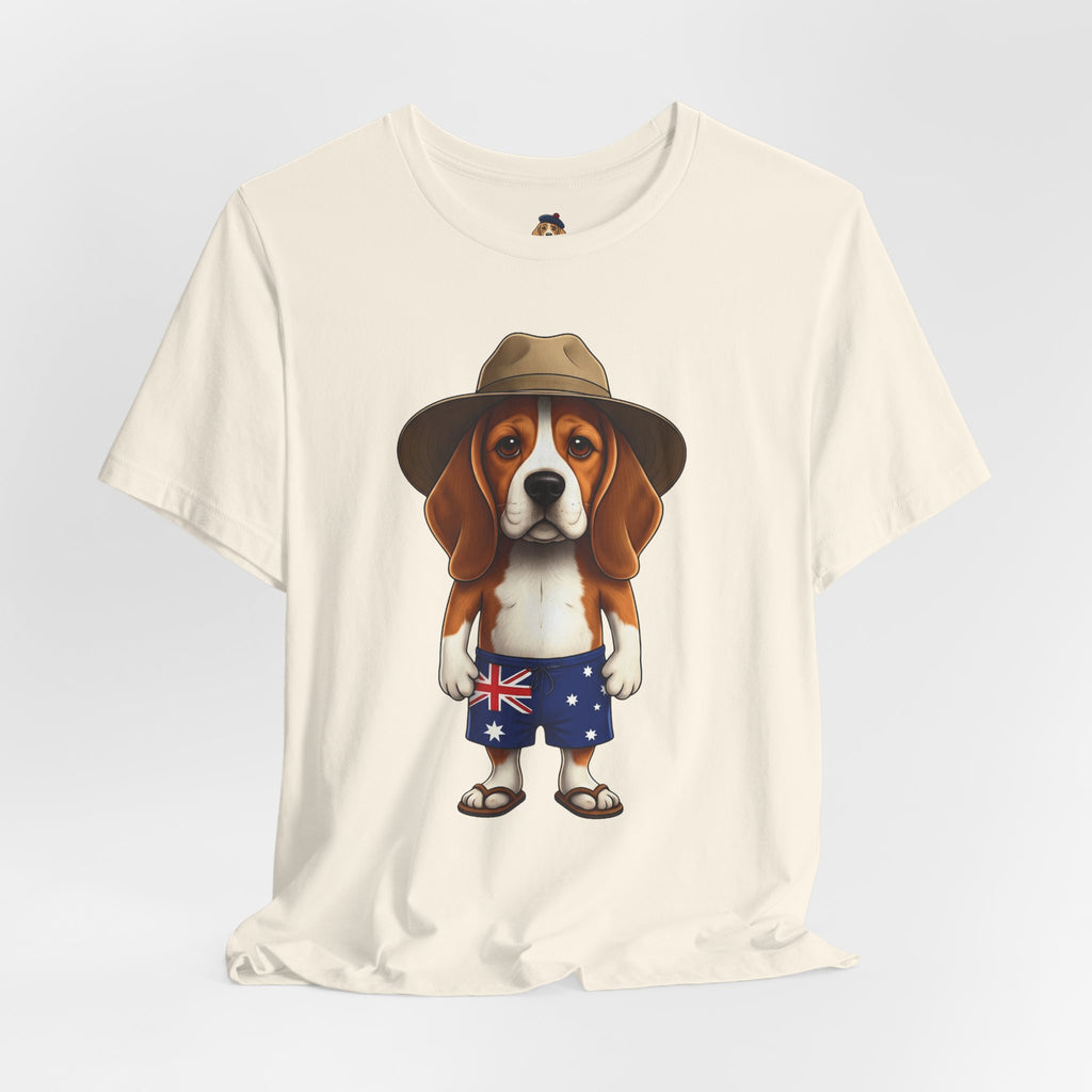 Beagle Aussie Summer Tee - Cute Dog in Akubra Hat & Australian Flag Shorts