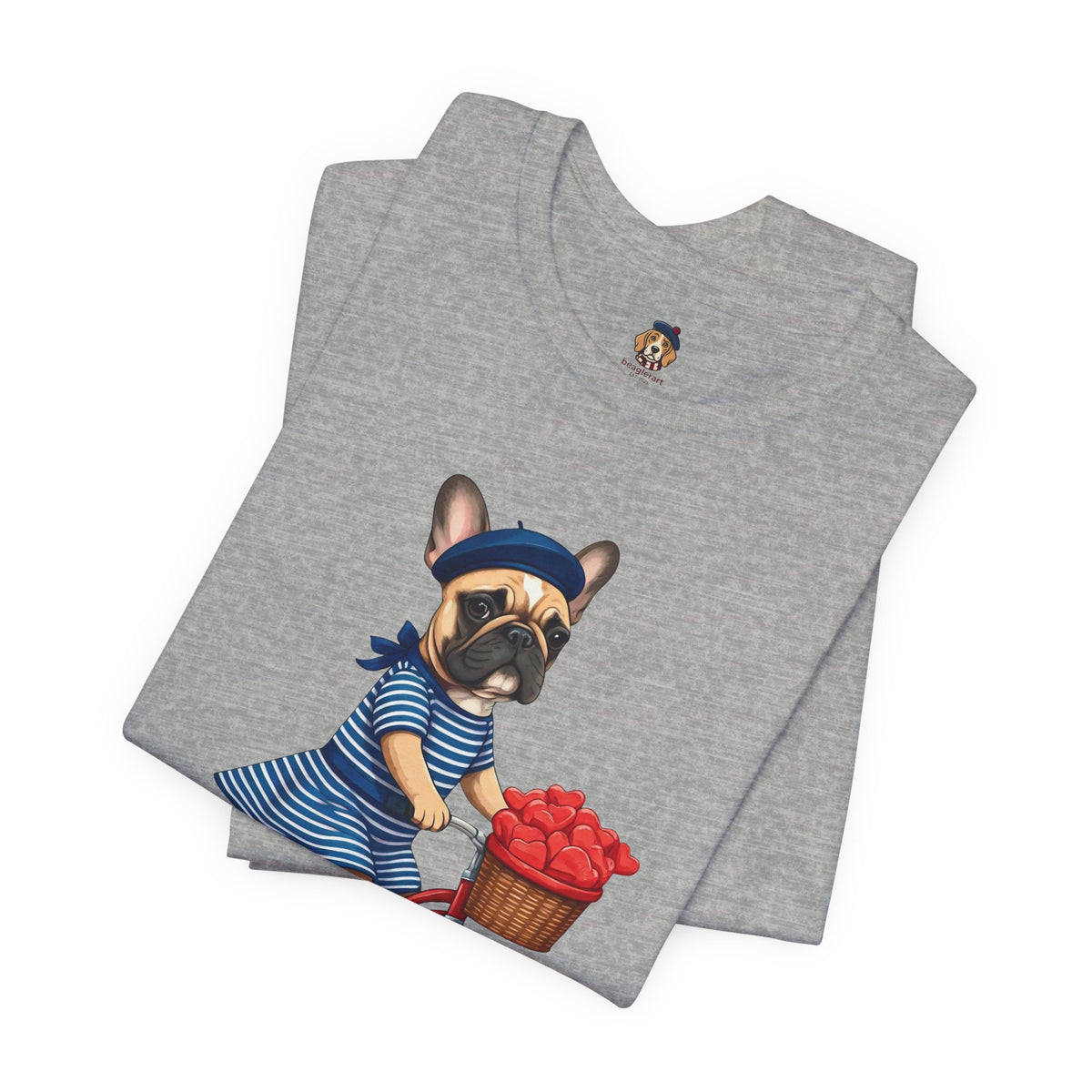 Frenchie à Vélo T-Shirt — French Bulldog on Bicycle with Heart Roses Tee