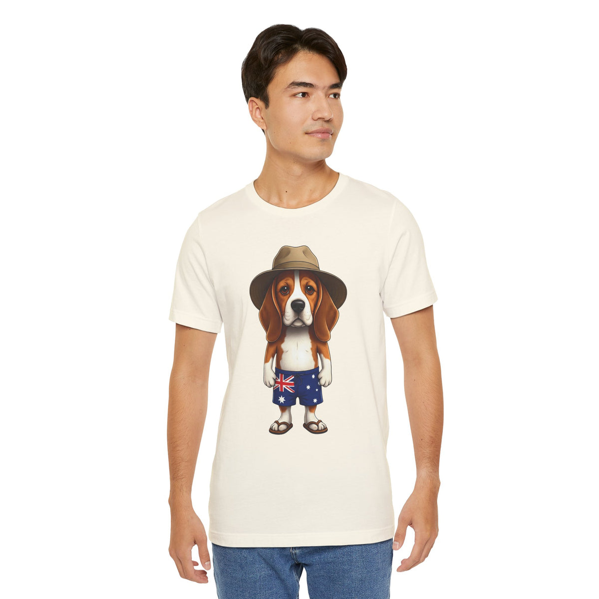 Beagle Aussie Summer Tee - Cute Dog in Akubra Hat & Australian Flag Shorts