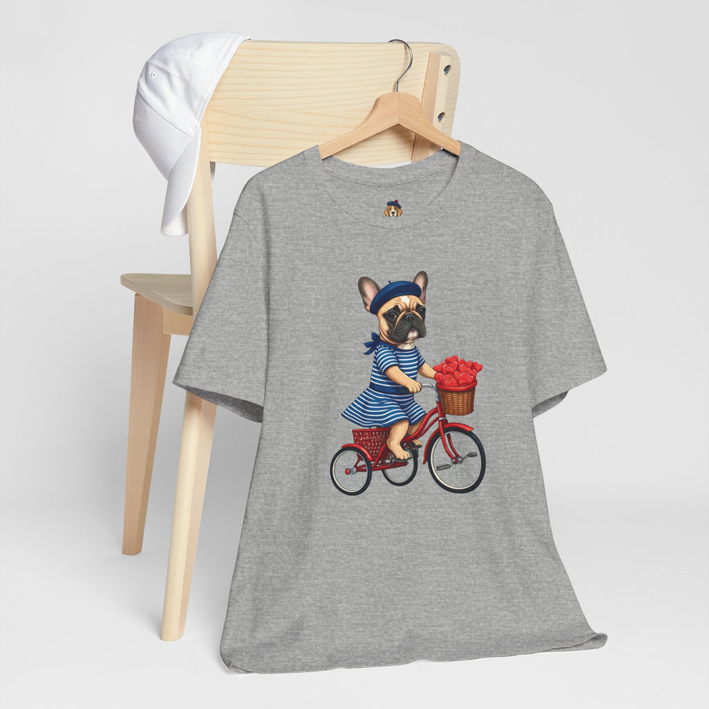 Frenchie à Vélo T-Shirt — French Bulldog on Bicycle with Heart Roses Tee