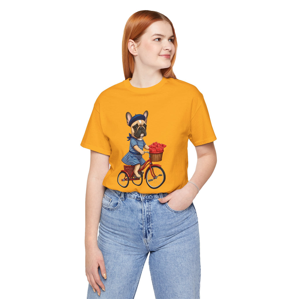 Frenchie à Vélo T-Shirt — French Bulldog on Bicycle with Heart Roses Tee