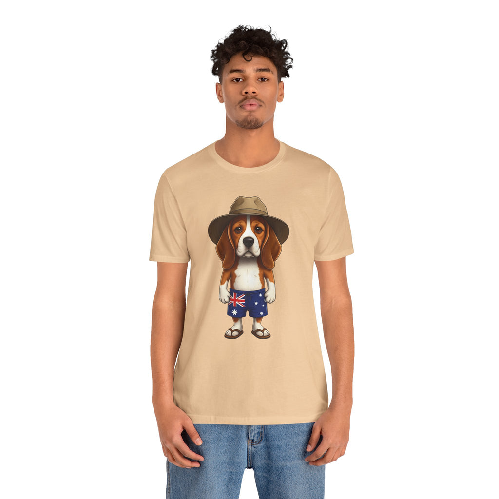 Beagle Aussie Summer Tee - Cute Dog in Akubra Hat & Australian Flag Shorts