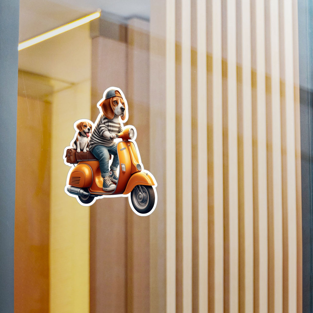 Beagle on Orange Vespa Kiss-Cut Vinyl Decal — Cute ‘La Dolce Vita’ Scooter Sticker