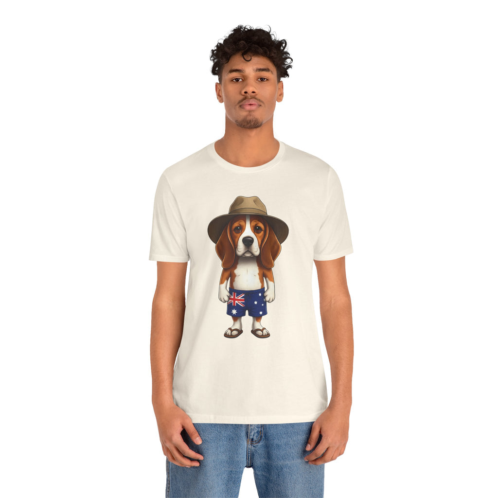 Beagle Aussie Summer Tee - Cute Dog in Akubra Hat & Australian Flag Shorts
