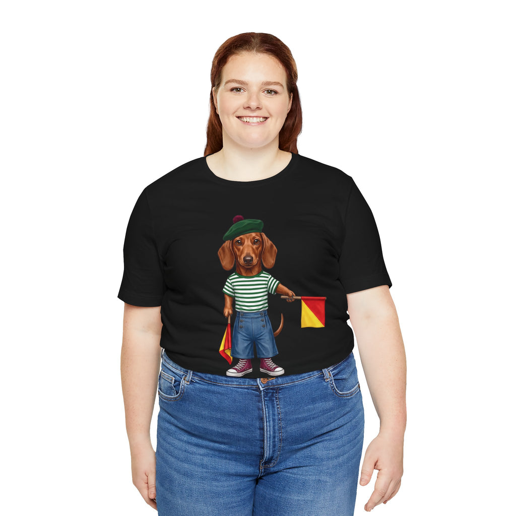 Semaphore Dachshund Graphic Unisex T-Shirt – Letter B | Maritime Signal Dog Tee