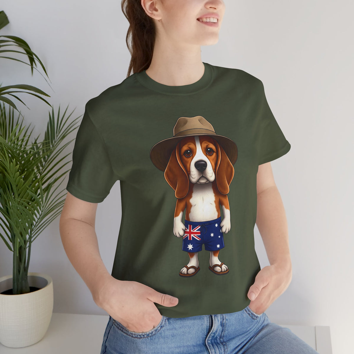 Beagle Aussie Summer Tee - Cute Dog in Akubra Hat & Australian Flag Shorts