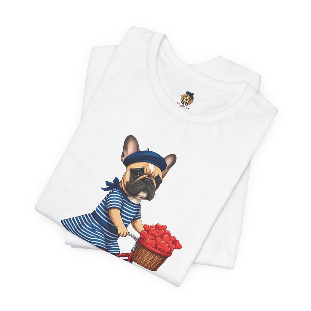 Frenchie à Vélo T-Shirt — French Bulldog on Bicycle with Heart Roses Tee