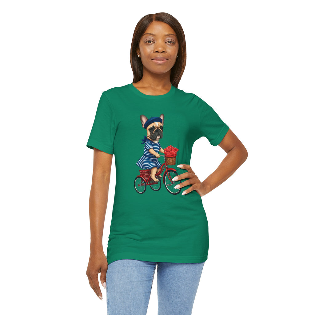 Frenchie à Vélo T-Shirt — French Bulldog on Bicycle with Heart Roses Tee