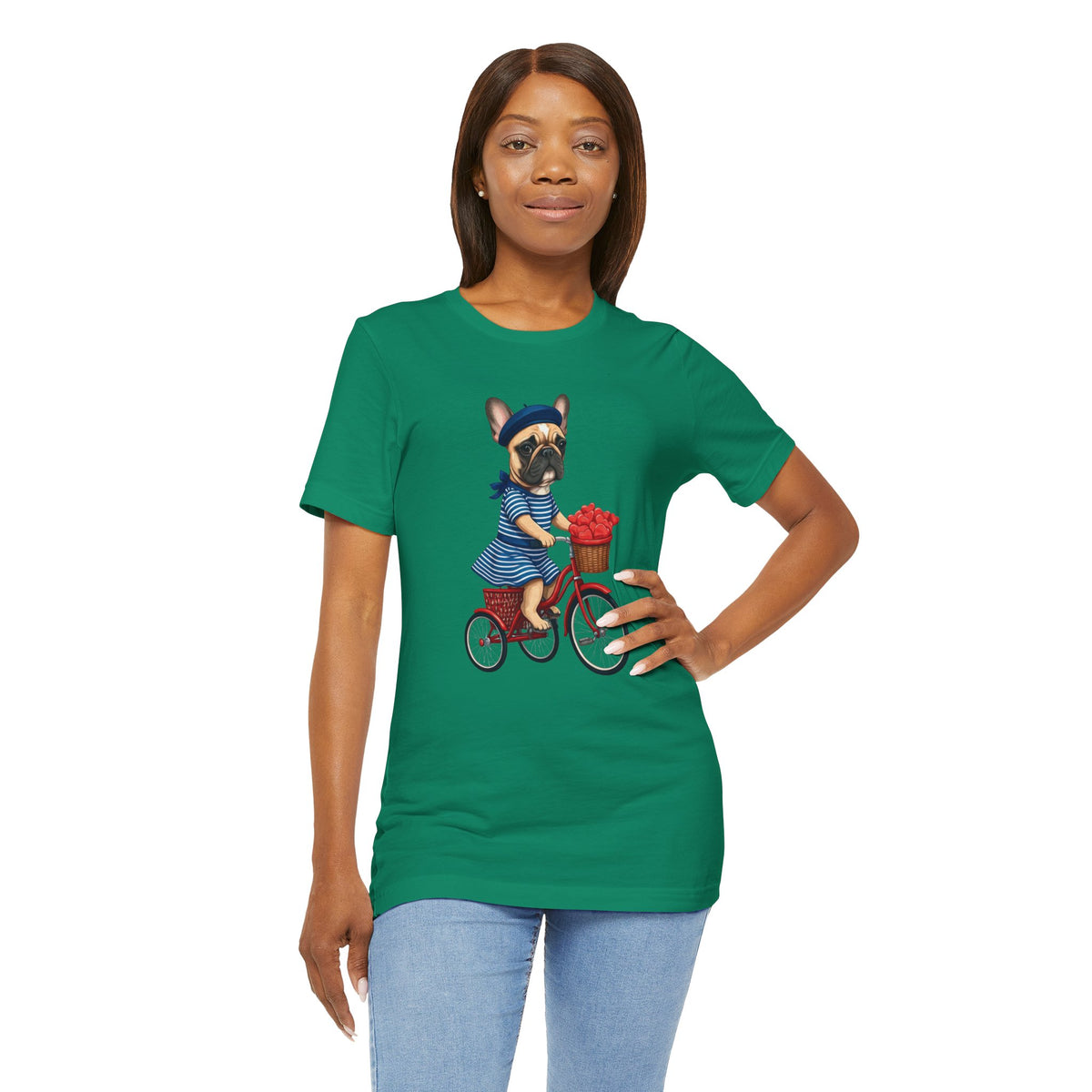 Frenchie à Vélo T-Shirt — French Bulldog on Bicycle with Heart Roses Tee