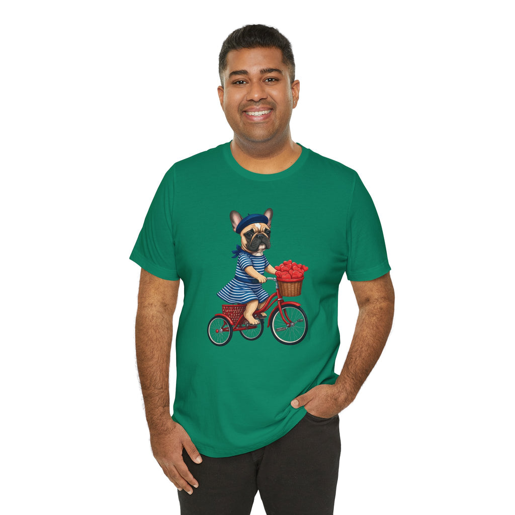 Frenchie à Vélo T-Shirt — French Bulldog on Bicycle with Heart Roses Tee