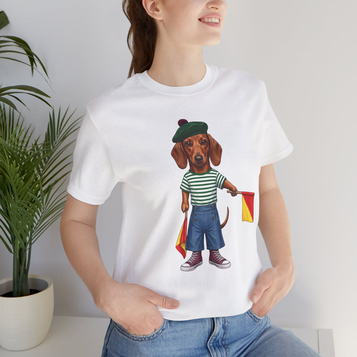 Semaphore Dachshund Graphic Unisex T-Shirt – Letter B | Maritime Signal Dog Tee