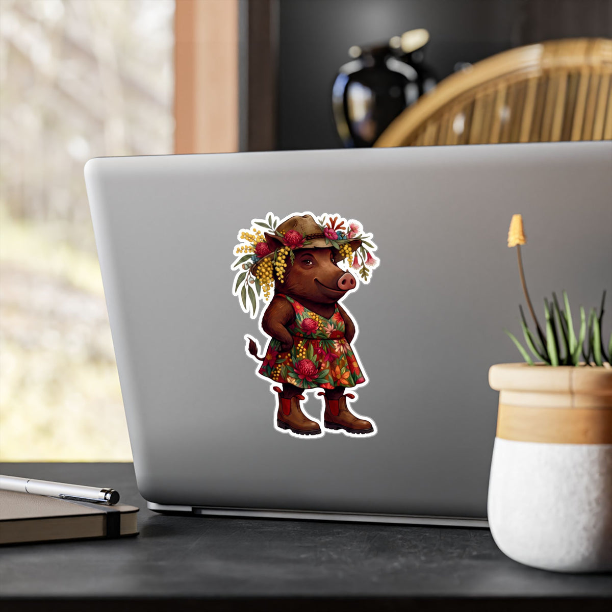 Boho Floral 'Bush Pig' Kiss-Cut Vinyl Sticker