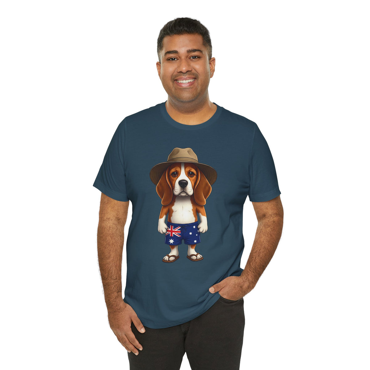 Beagle Aussie Summer Tee - Cute Dog in Akubra Hat & Australian Flag Shorts