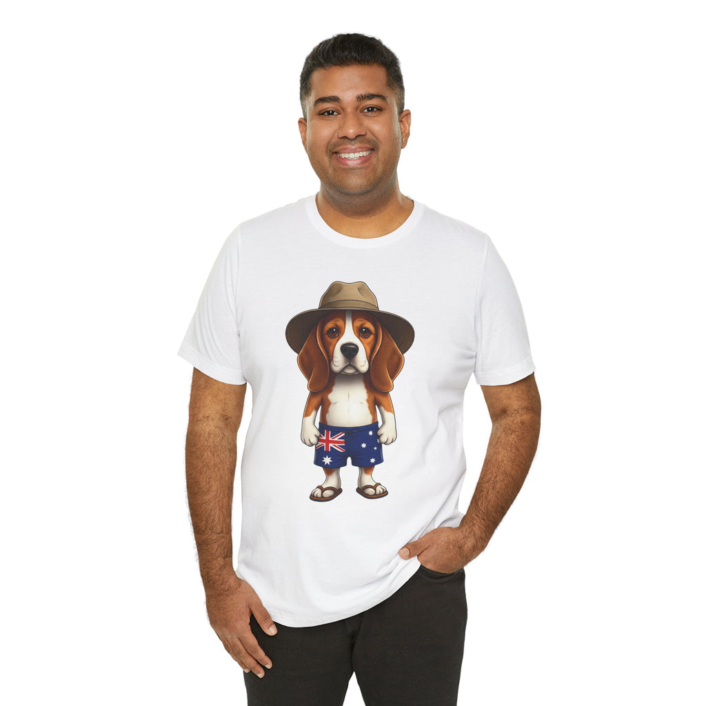 Beagle Aussie Summer Tee - Cute Dog in Akubra Hat & Australian Flag Shorts
