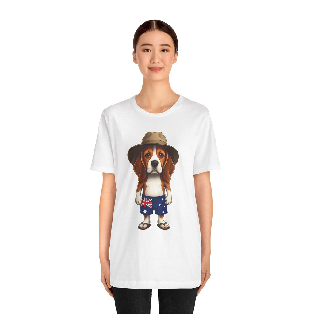 Beagle Aussie Summer Tee - Cute Dog in Akubra Hat & Australian Flag Shorts