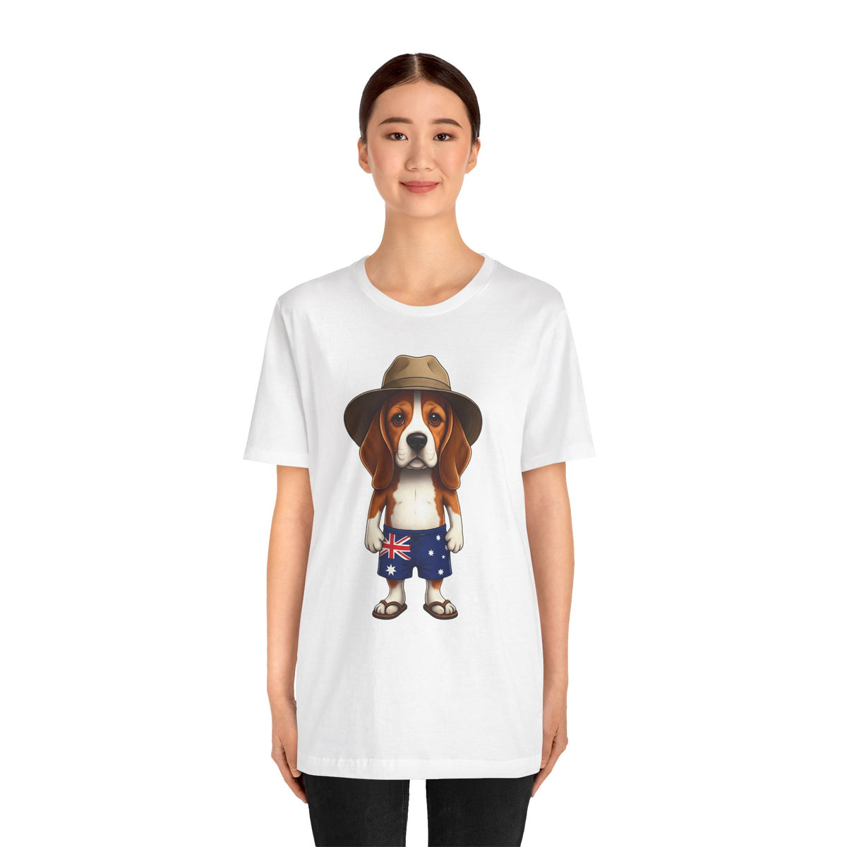 Beagle Aussie Summer Tee - Cute Dog in Akubra Hat & Australian Flag Shorts
