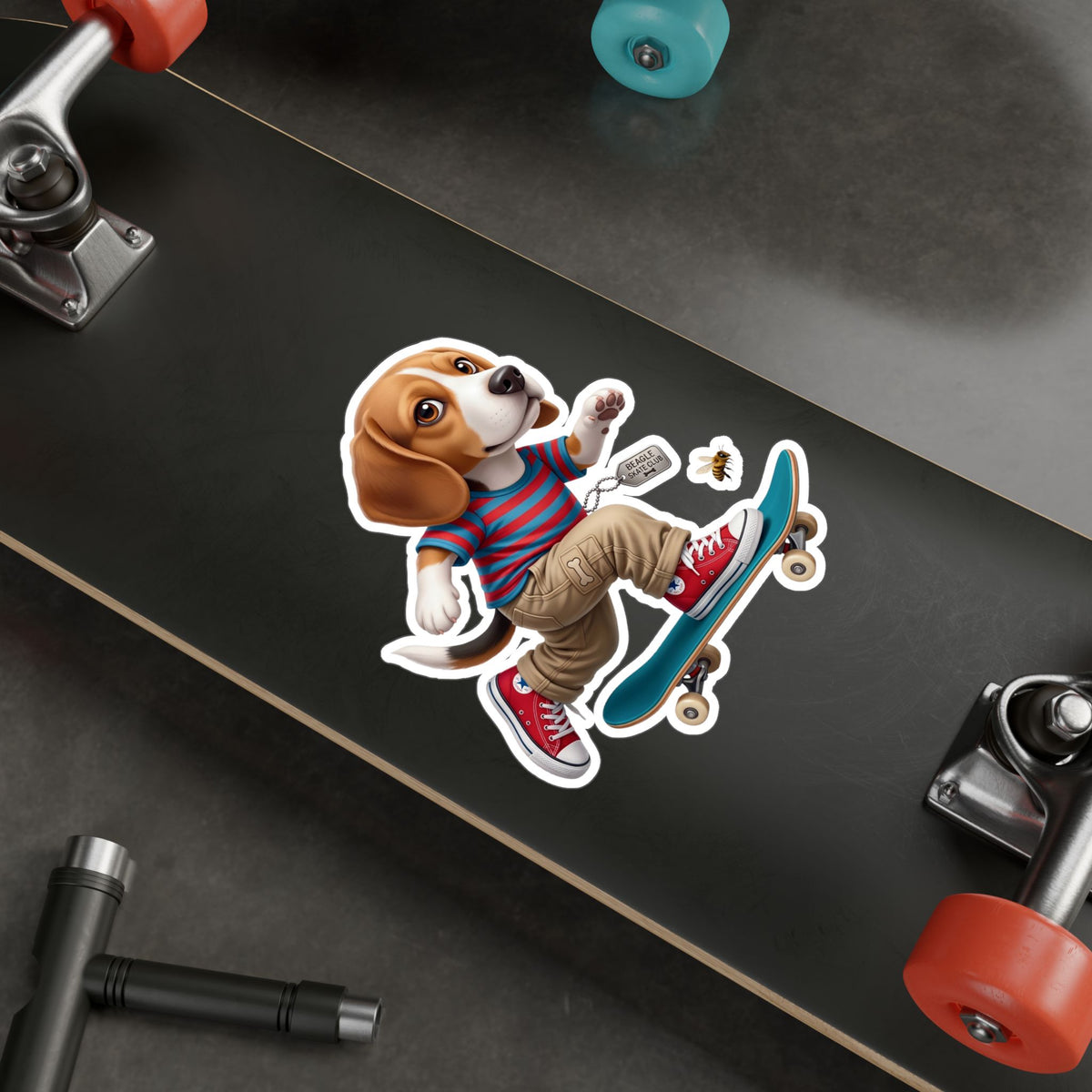 Skateboarding Beagle Sticker — Cute Vinyl Kiss-Cut Decal for Laptops, Water Bottles & Windows