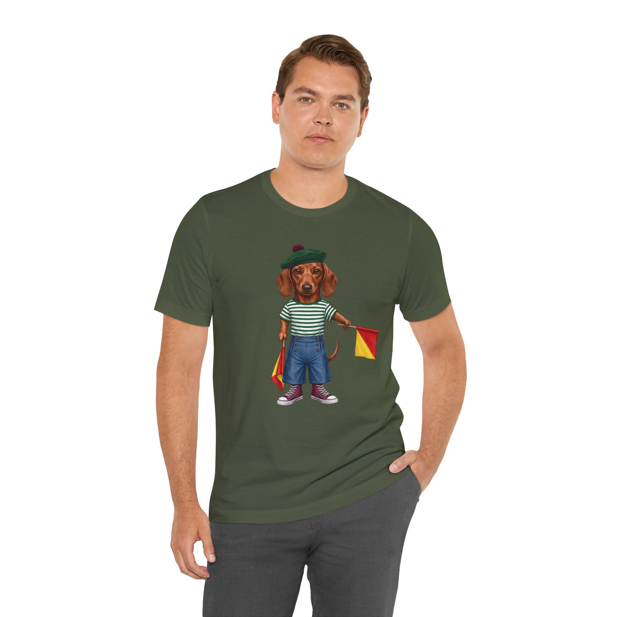Semaphore Dachshund Graphic Unisex T-Shirt – Letter B | Maritime Signal Dog Tee